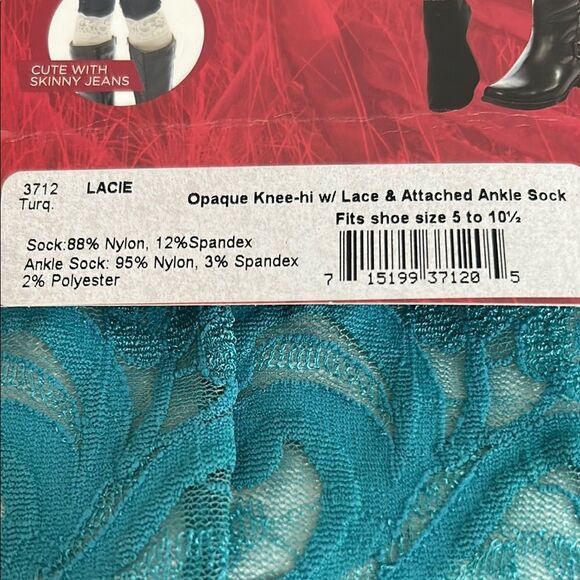 Bootights Boot Socks Knee-high Lacie Lace with Attached Ankle Sock in Turquoise - Picture 3 of 3